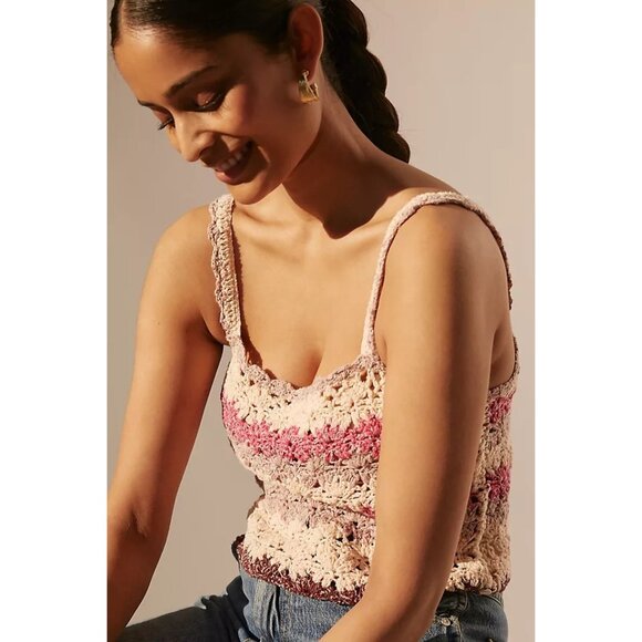 Anthropologie Crochet Pink & Neutral Tone Striped Boho Crop Top - Picture 5 of 16